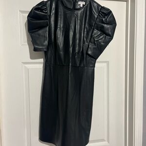 Black Puff Sleeve Faux Leather Dress